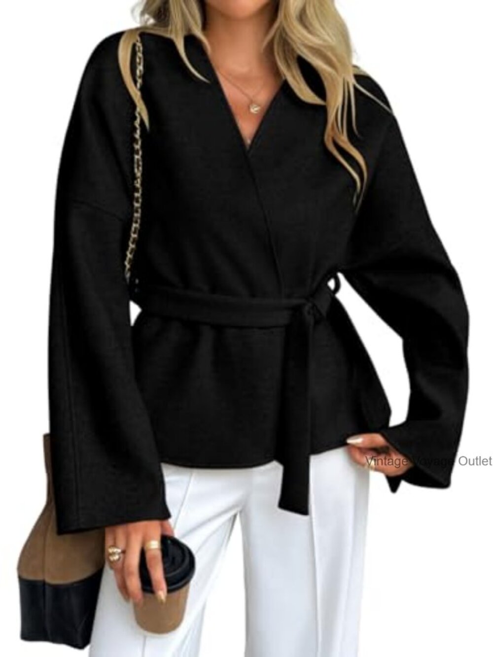 Cropped Pea Coat, Short Wrap Belted Blazer Jackets, Winter Work Office Business